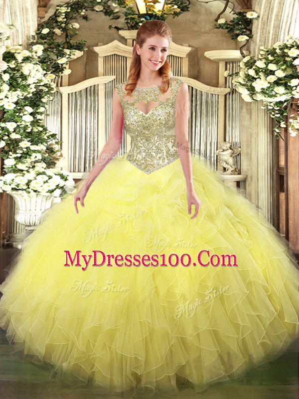 Scoop Sleeveless Tulle Quinceanera Dresses Beading and Ruffles Lace Up