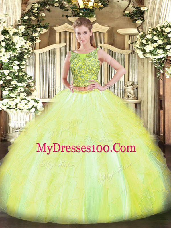 Sweet Sleeveless Floor Length Beading and Ruffles Lace Up Quinceanera Gowns with Yellow Green