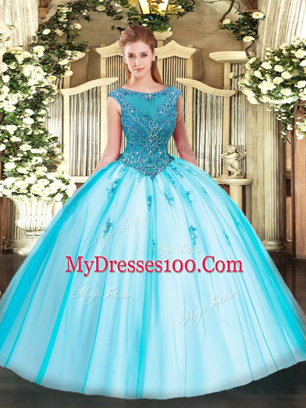 Affordable Aqua Blue Tulle Zipper Sweet 16 Quinceanera Dress Cap Sleeves Floor Length Beading and Appliques