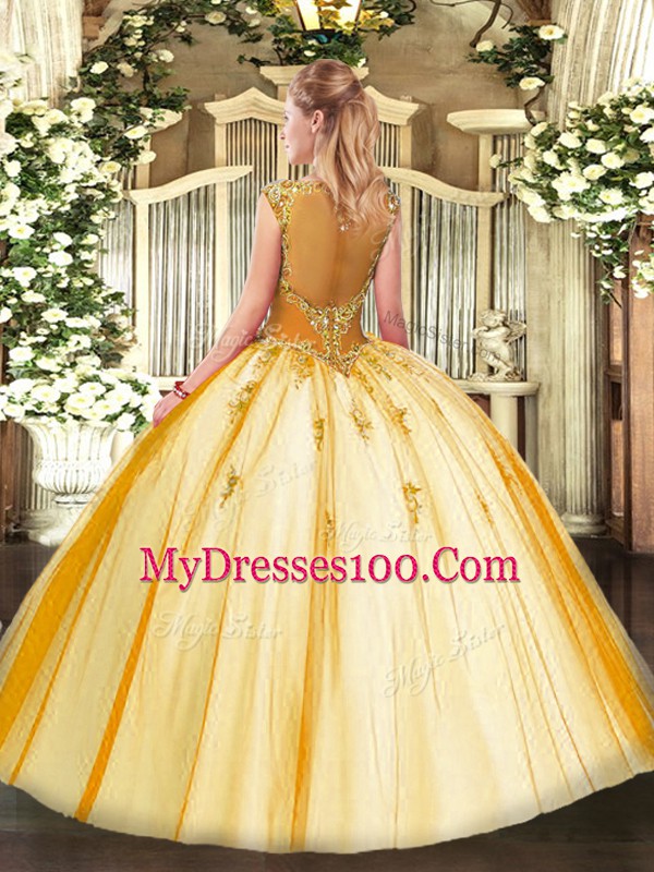 Affordable Aqua Blue Tulle Zipper Sweet 16 Quinceanera Dress Cap Sleeves Floor Length Beading and Appliques
