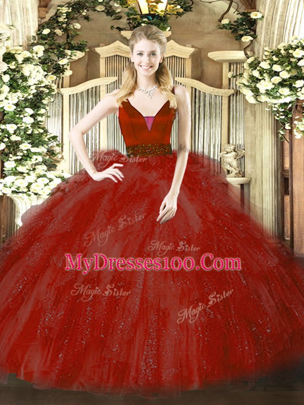 Customized Straps Sleeveless Zipper Sweet 16 Quinceanera Dress Wine Red Tulle