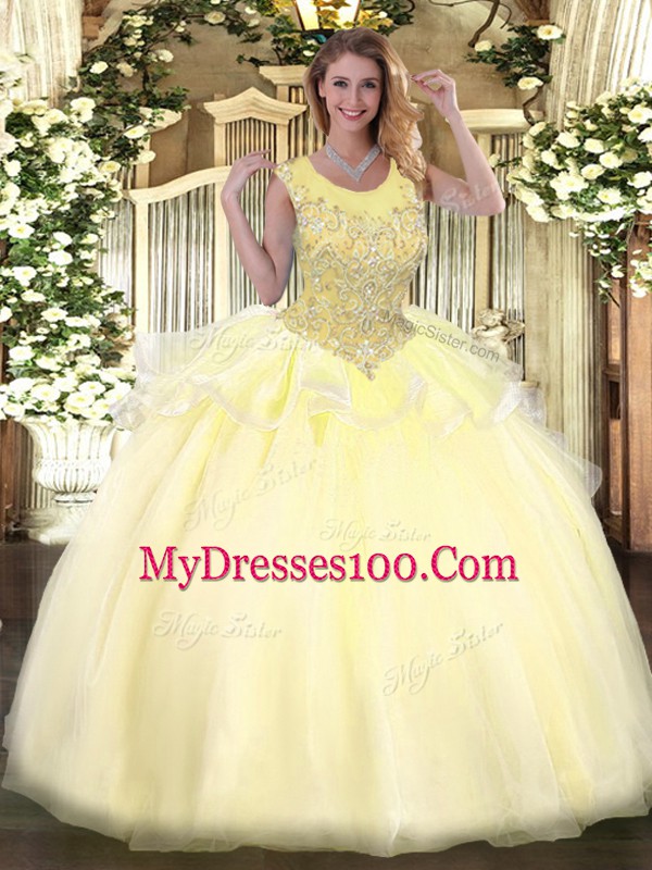 Light Yellow Scoop Zipper Beading Quinceanera Gown Sleeveless