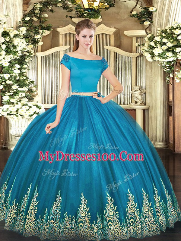 Teal Two Pieces Tulle Off The Shoulder Short Sleeves Appliques Floor Length Zipper 15th Birthday Dress