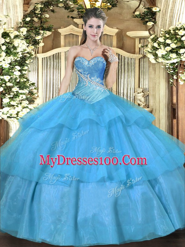 Fancy Aqua Blue Sweetheart Neckline Beading and Ruffled Layers Quince Ball Gowns Sleeveless Lace Up