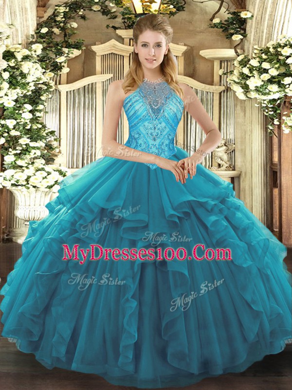 Teal Ball Gowns Beading and Ruffles Vestidos de Quinceanera Lace Up Organza Sleeveless Asymmetrical