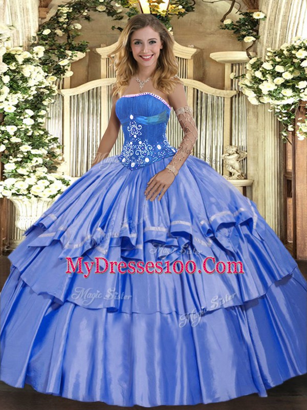 Blue Lace Up Vestidos de Quinceanera Beading and Ruffled Layers Sleeveless Floor Length