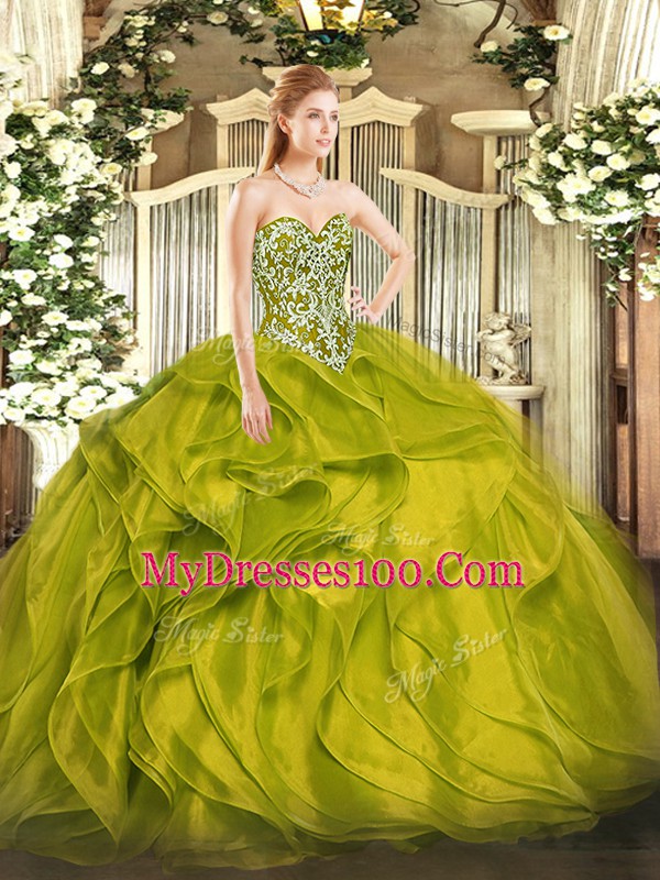 Pretty Sleeveless Beading and Ruffles Lace Up Quince Ball Gowns