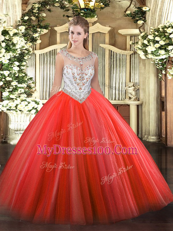 Coral Red Sleeveless Tulle Zipper Quince Ball Gowns for Military Ball and Sweet 16 and Quinceanera