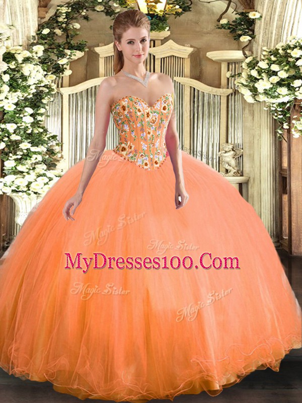 Nice Ball Gowns Sweet 16 Quinceanera Dress Orange Sweetheart Tulle Sleeveless Floor Length Lace Up