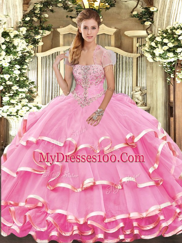 New Arrival Floor Length Lace Up Ball Gown Prom Dress Rose Pink for Military Ball and Sweet 16 and Quinceanera with Appliques and Ruffled Layers
