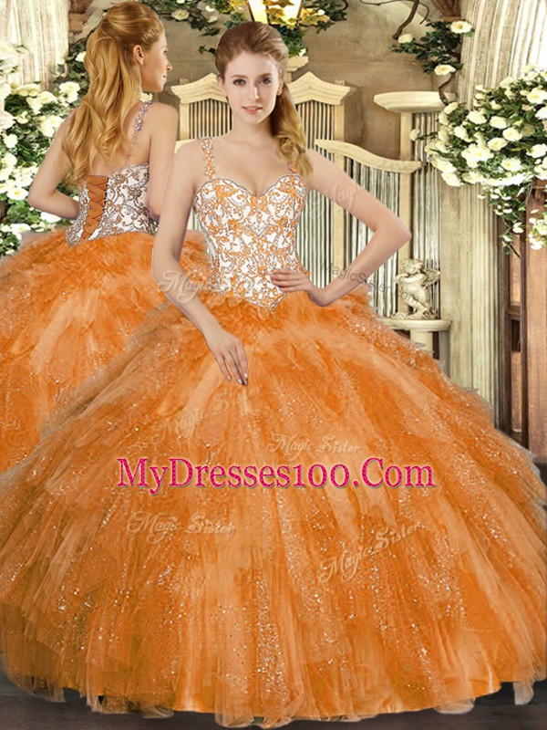 Admirable Floor Length Orange Sweet 16 Quinceanera Dress Straps Sleeveless Lace Up