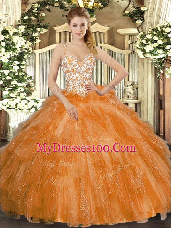 Admirable Floor Length Orange Sweet 16 Quinceanera Dress Straps Sleeveless Lace Up