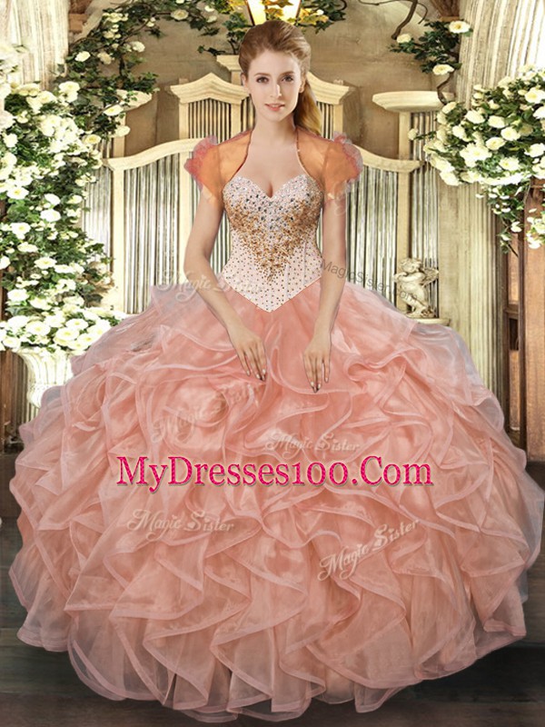 Fantastic Sleeveless Floor Length Beading and Ruffles Lace Up Sweet 16 Dresses with Peach