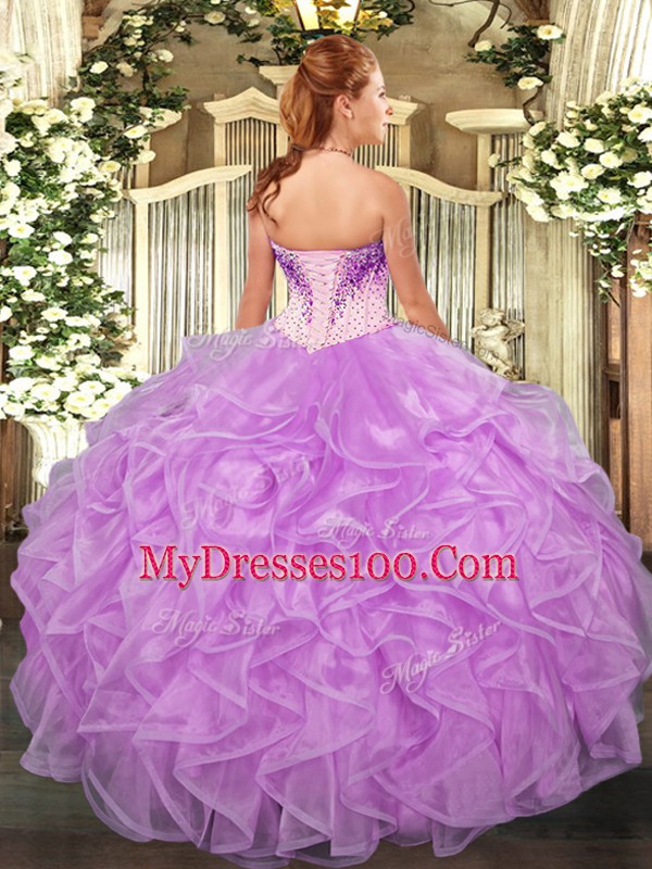 Fantastic Sleeveless Floor Length Beading and Ruffles Lace Up Sweet 16 Dresses with Peach
