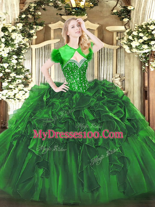 Gorgeous Green Organza Lace Up Sweetheart Sleeveless Floor Length Sweet 16 Quinceanera Dress Beading and Ruffles