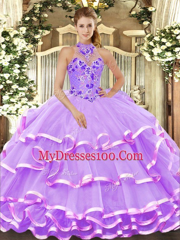 Lavender Ball Gowns Halter Top Sleeveless Organza Floor Length Lace Up Beading and Embroidery and Ruffled Layers 15th Birthday Dress