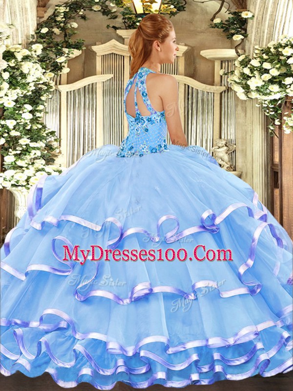 Lavender Ball Gowns Halter Top Sleeveless Organza Floor Length Lace Up Beading and Embroidery and Ruffled Layers 15th Birthday Dress