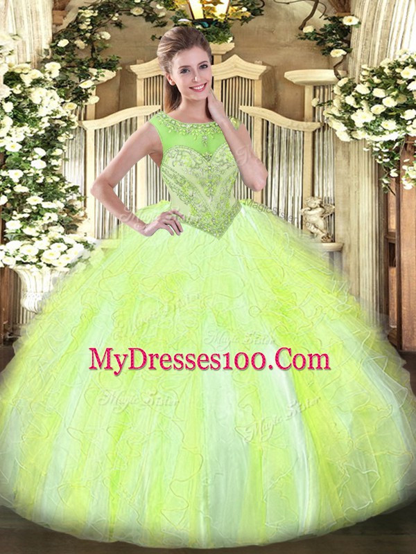 Fashion Floor Length Yellow Green 15 Quinceanera Dress Scoop Sleeveless Lace Up