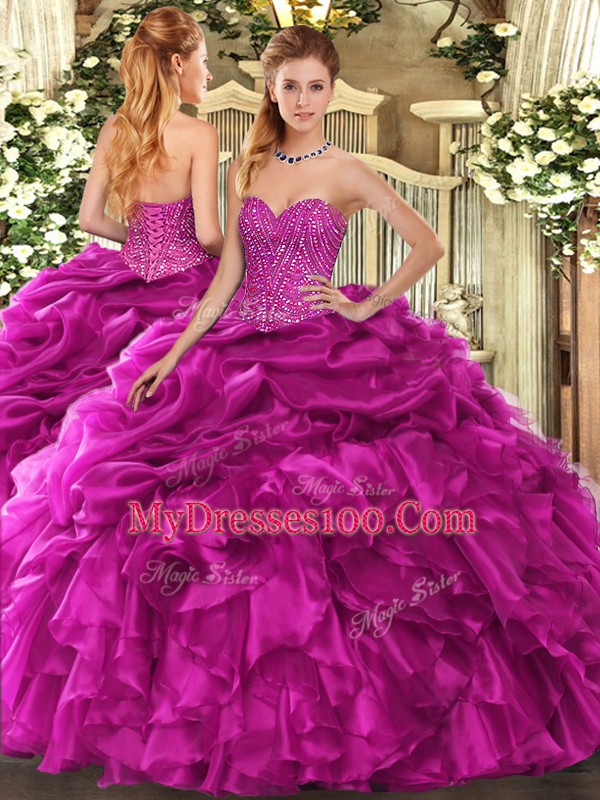 Exceptional Sleeveless Lace Up Floor Length Beading and Ruffles and Pick Ups 15th Birthday Dress