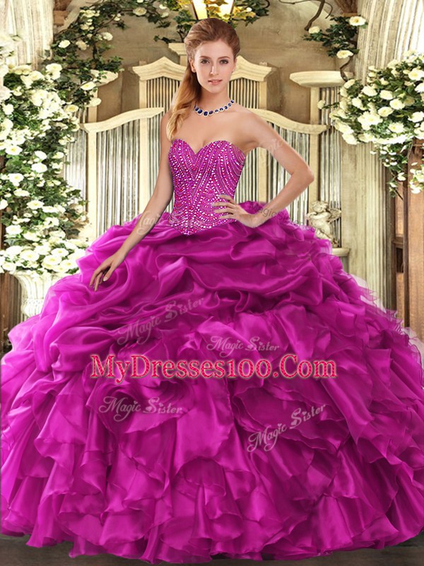 Exceptional Sleeveless Lace Up Floor Length Beading and Ruffles and Pick Ups 15th Birthday Dress