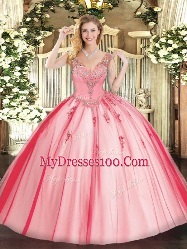 Ball Gowns Quinceanera Dress Coral Red V-neck Tulle Sleeveless Floor Length Lace Up