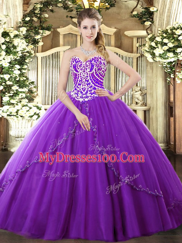 Sweetheart Sleeveless Tulle Sweet 16 Dress Beading Brush Train Lace Up