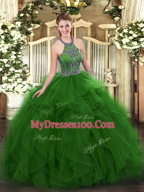 Green Sleeveless Beading and Ruffles Floor Length Ball Gown Prom Dress