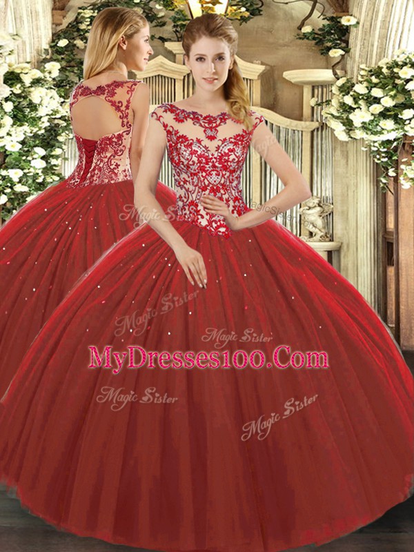 Fine Wine Red Cap Sleeves Tulle Lace Up 15th Birthday Dress for Sweet 16 and Quinceanera