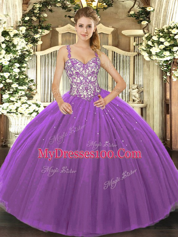 Perfect Tulle Sleeveless Floor Length Quinceanera Dresses and Beading and Appliques