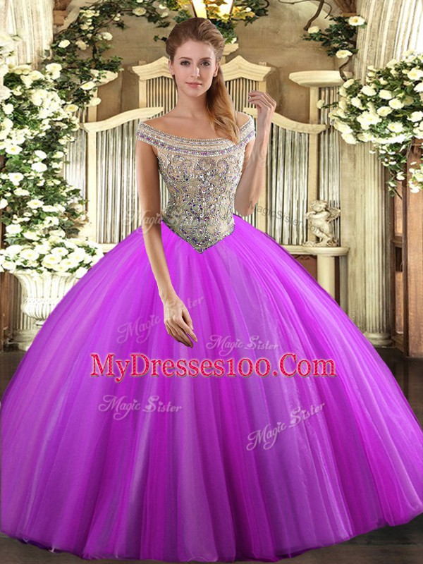 Custom Fit Fuchsia Tulle Lace Up Off The Shoulder Sleeveless Floor Length Ball Gown Prom Dress Beading