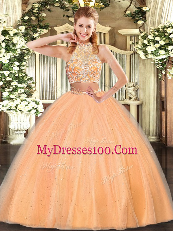 Dazzling Orange Red Sweet 16 Dresses Military Ball and Sweet 16 and Quinceanera with Beading Halter Top Sleeveless Criss Cross