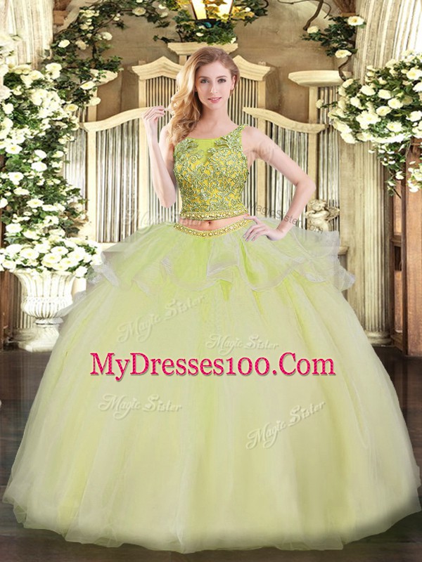 Floor Length Yellow 15th Birthday Dress Scoop Sleeveless Lace Up