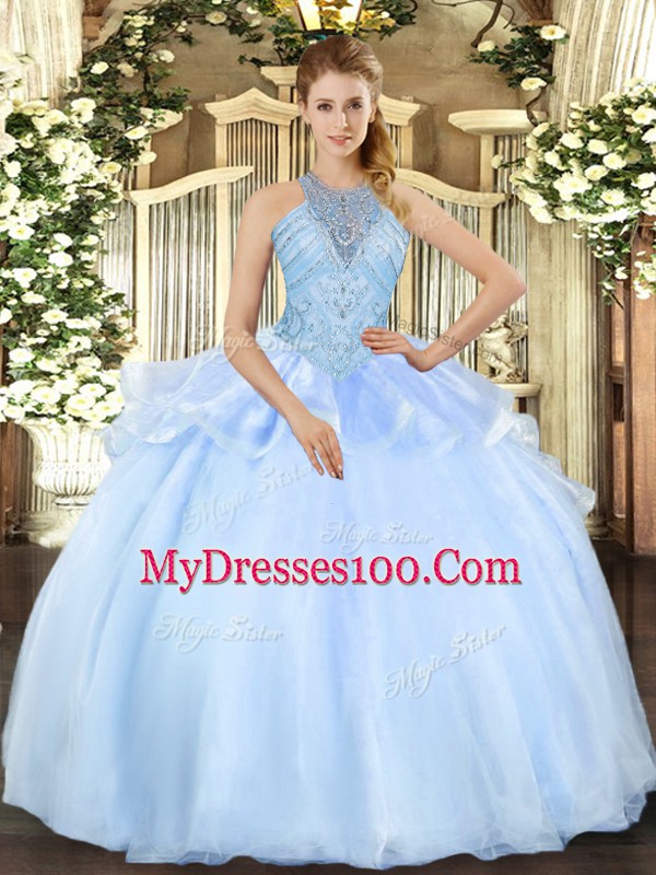 Customized Organza Halter Top Sleeveless Lace Up Beading Ball Gown Prom Dress in Light Blue