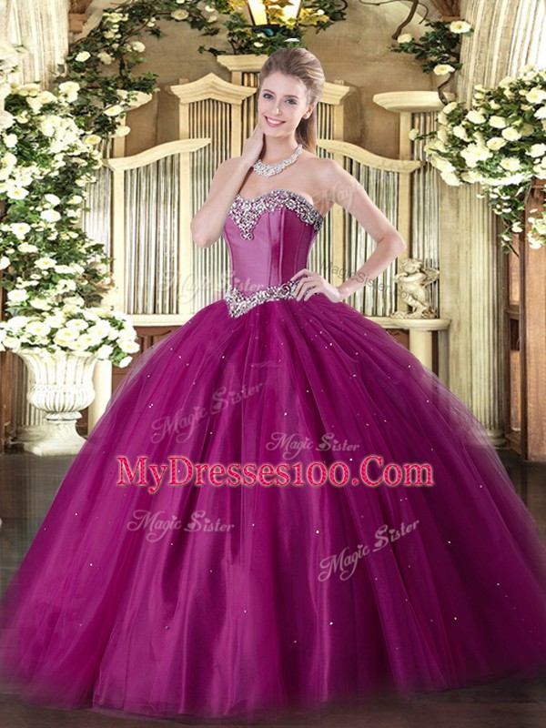 Hot Sale Sweetheart Sleeveless Lace Up Quinceanera Gowns Fuchsia Tulle