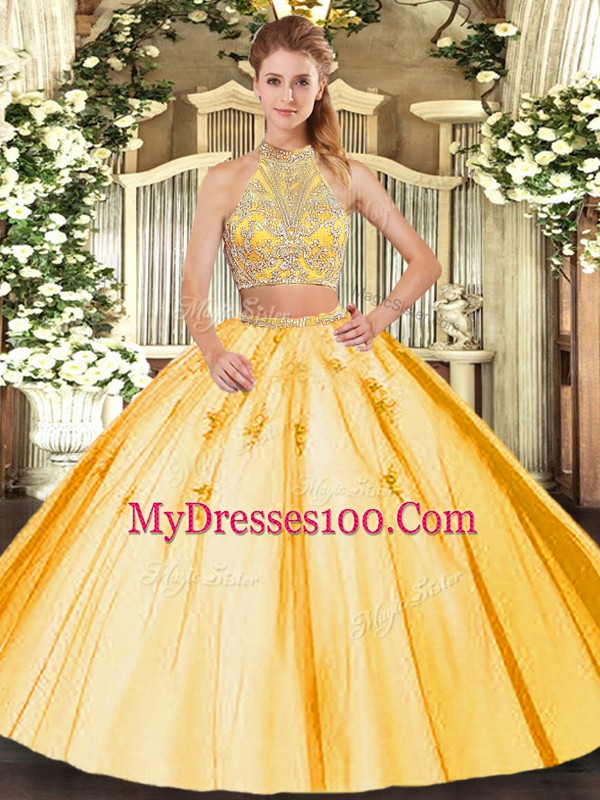 Sumptuous Gold Two Pieces Beading and Appliques Quince Ball Gowns Criss Cross Tulle Sleeveless Floor Length