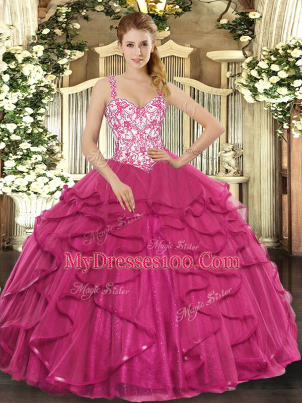 Ball Gowns Vestidos de Quinceanera Hot Pink Straps Tulle Sleeveless Floor Length Lace Up