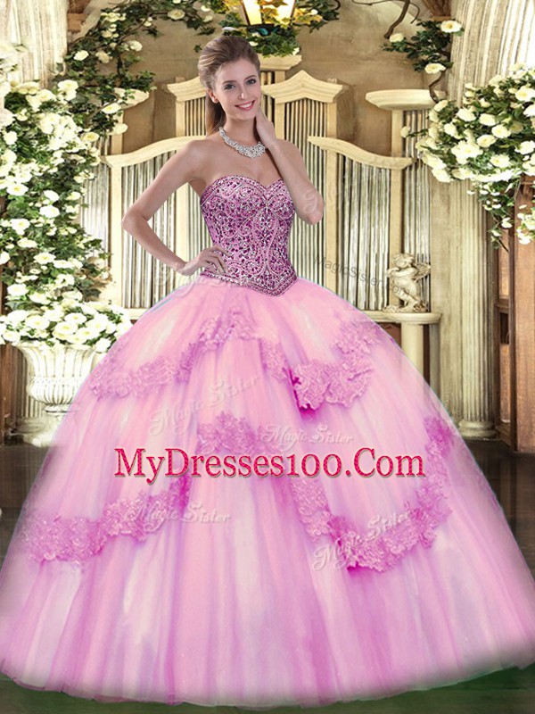 Pink Ball Gowns Sweetheart Sleeveless Tulle Floor Length Lace Up Beading and Appliques and Ruffles Sweet 16 Quinceanera Dress