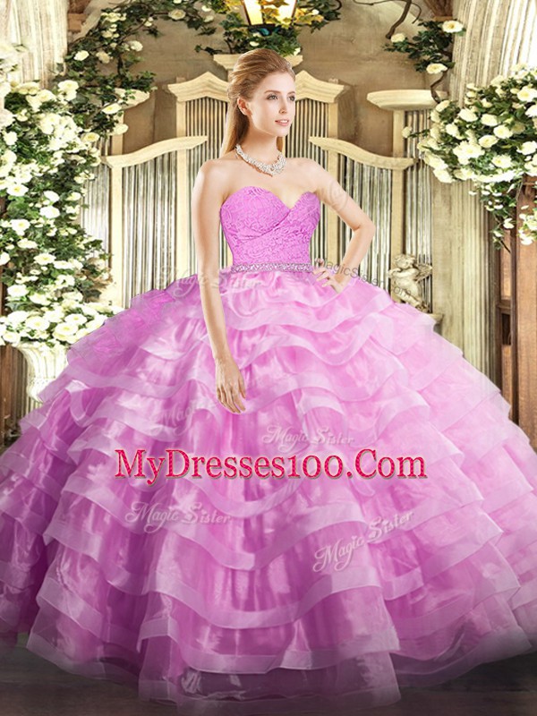Cute Rose Pink Sleeveless Beading and Lace and Ruffled Layers Floor Length Quince Ball Gowns