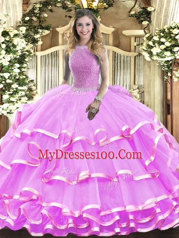 Ball Gowns Quinceanera Dress Lilac High-neck Organza Sleeveless Floor Length Lace Up