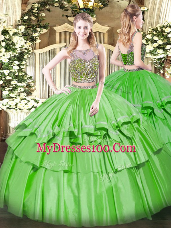 Scoop Sleeveless 15th Birthday Dress Floor Length Beading and Ruffled Layers Organza and Taffeta