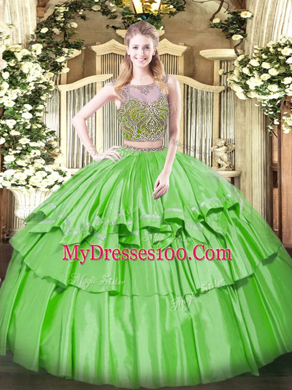 Scoop Sleeveless 15th Birthday Dress Floor Length Beading and Ruffled Layers Organza and Taffeta