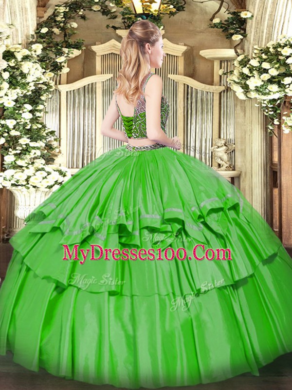 Scoop Sleeveless 15th Birthday Dress Floor Length Beading and Ruffled Layers Organza and Taffeta