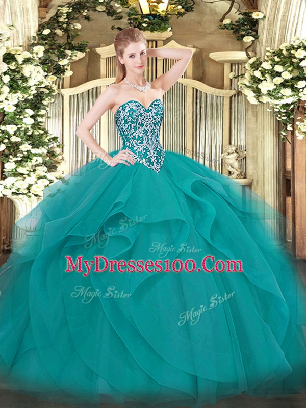 Spectacular Sleeveless Tulle Floor Length Lace Up Quinceanera Gown in Teal with Beading and Ruffles