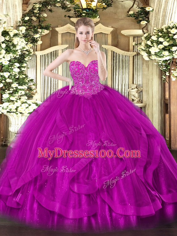 Noble Floor Length Fuchsia 15th Birthday Dress Sweetheart Sleeveless Lace Up