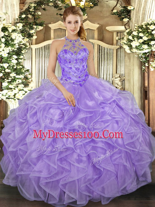 Lavender Organza Lace Up 15th Birthday Dress Sleeveless Floor Length Beading and Ruffles