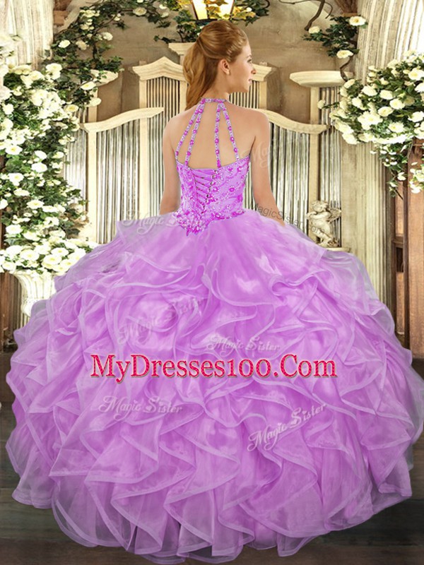 Lavender Organza Lace Up 15th Birthday Dress Sleeveless Floor Length Beading and Ruffles