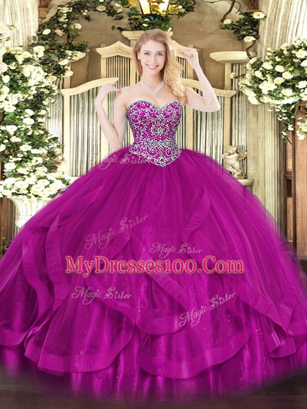 Shining Sweetheart Sleeveless Sweet 16 Dresses Floor Length Beading and Ruffles Fuchsia Tulle