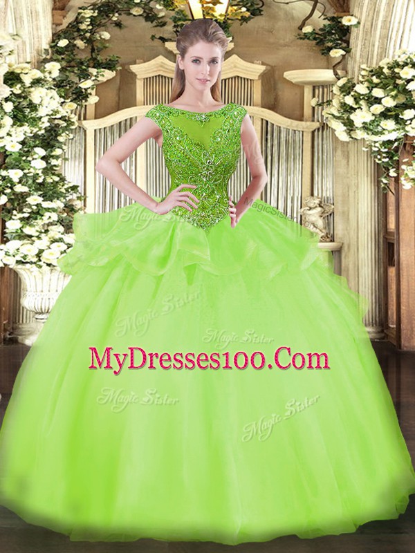 Cap Sleeves Floor Length Beading Zipper Ball Gown Prom Dress with Yellow Green