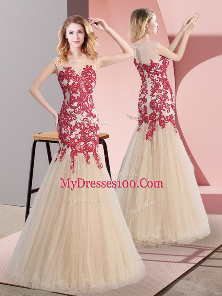 Fancy Champagne Sleeveless Tulle Zipper Prom Gown for Prom and Party