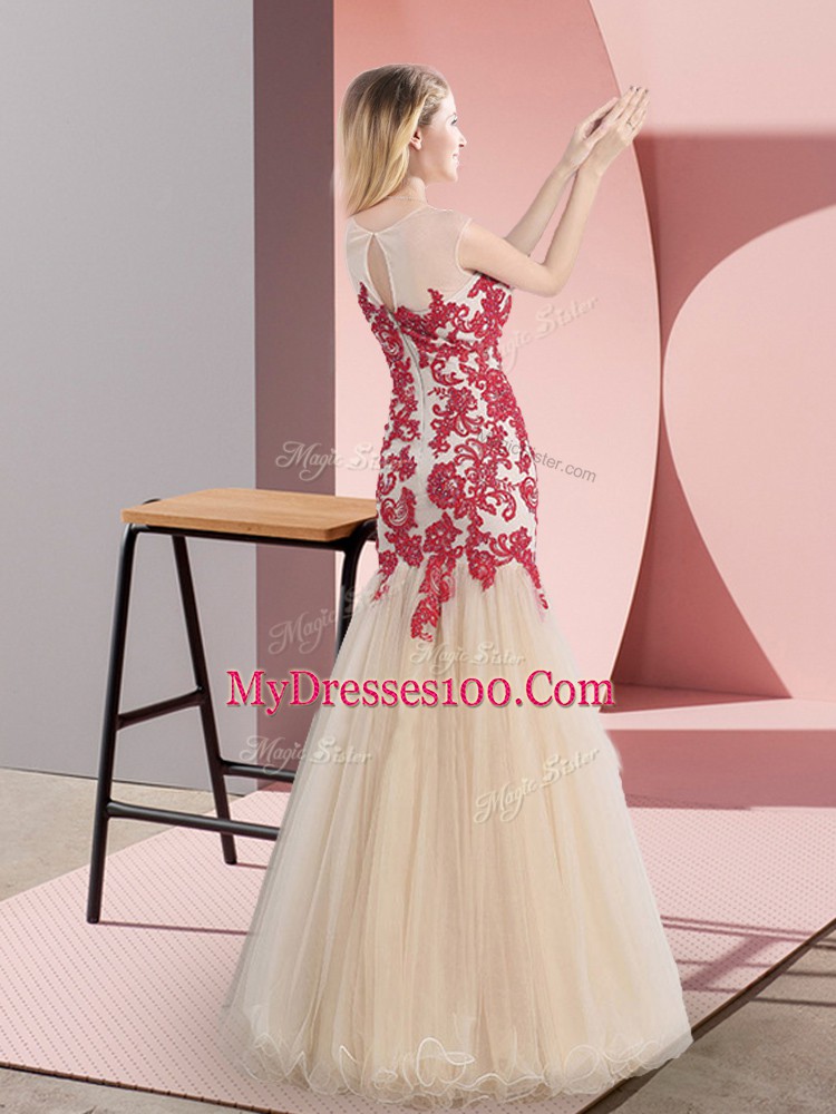 Fancy Champagne Sleeveless Tulle Zipper Prom Gown for Prom and Party